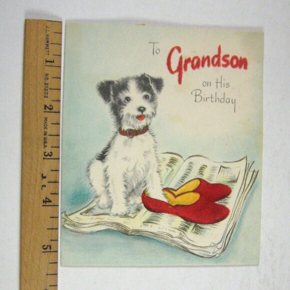 Hallmark Card Happy Birthday Day 1950 Used Flocked Slippers Grandson Dog - Picture 3 of 7